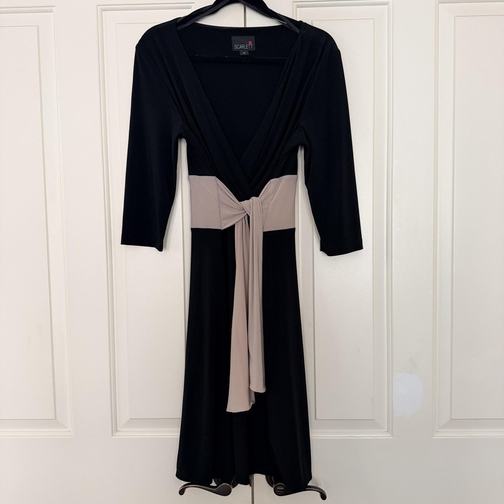 Scarlett Dress Womens 14 Black Colorblock Faux Wrap Midi 3/4 Sleeve Jersey